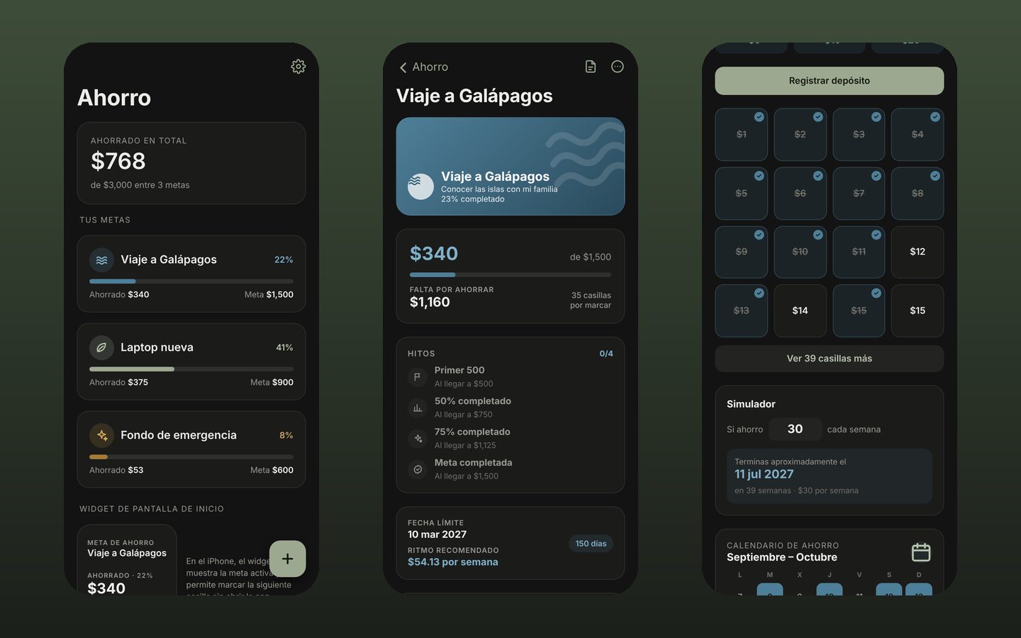 App Ahorro: inicio, detalle de una meta y tabla de casillas