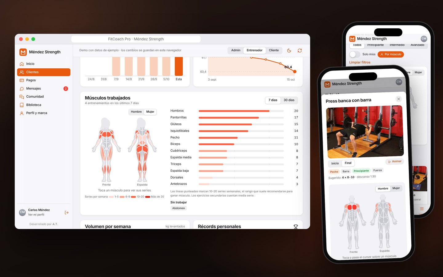 FitCoach Pro en escritorio y en teléfono: mapa de calor de músculos trabajados y ficha de ejercicio con mapa muscular