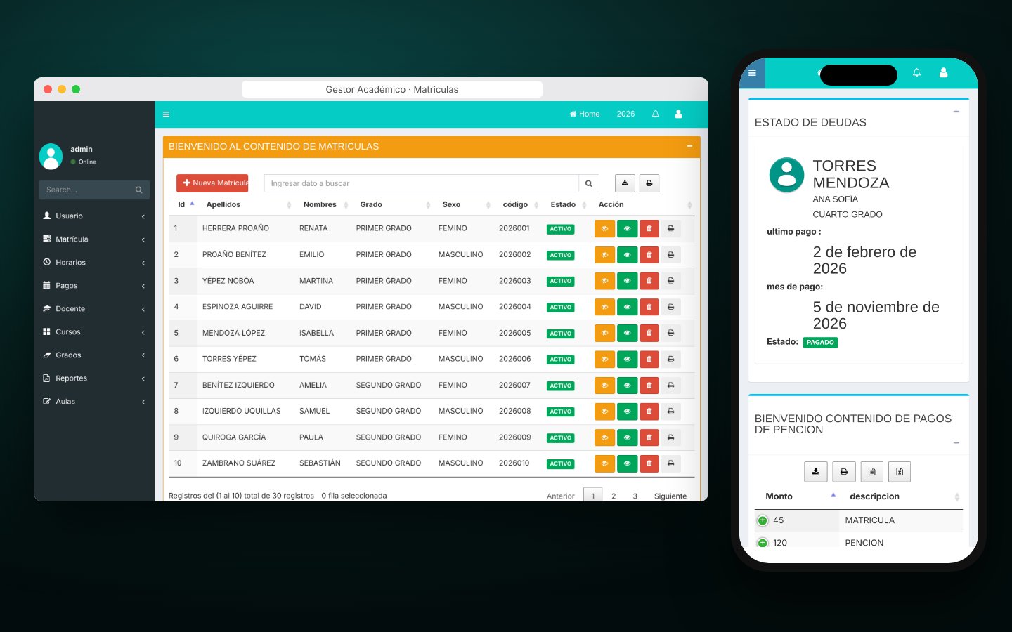Gestor Académico: panel de matrículas en escritorio y estado de pagos del alumno en el teléfono