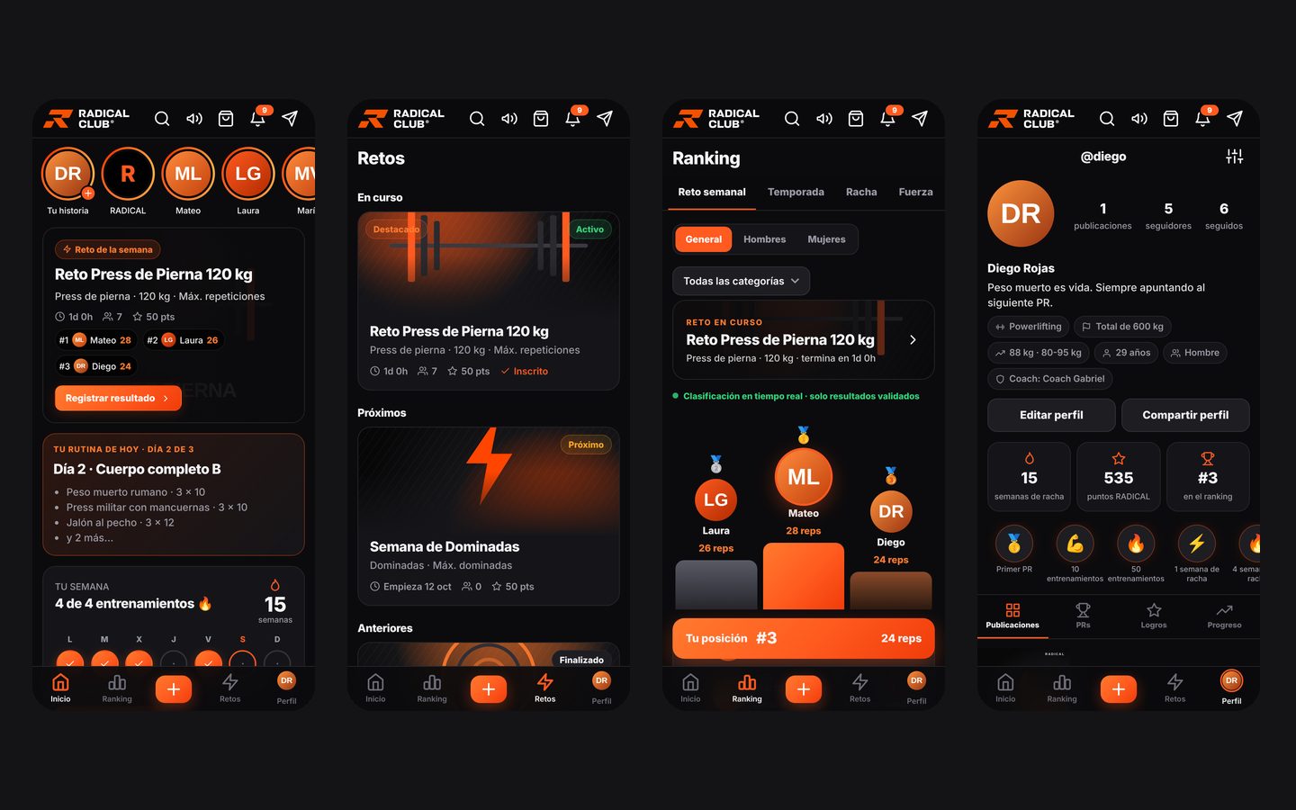 RADICAL: feed, retos, ranking y perfil en el celular